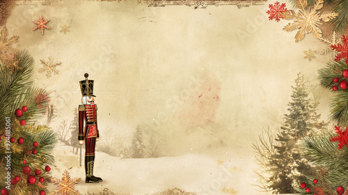 Wallpaper Mural A Nutcracker-themed frame with ballet elements, featuring elegant golden details, snowflakes, and a Nutcracker soldier standing at one side of the frame.  Torontodigital.ca