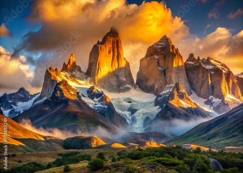 Majestic candelabra-shaped rock formation rises from the rugged Andes mountain landscape, bathed in warm golden light, photo