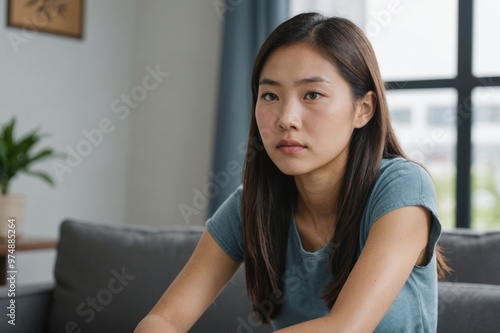 Portrait of pensive young asian woman sitting at home