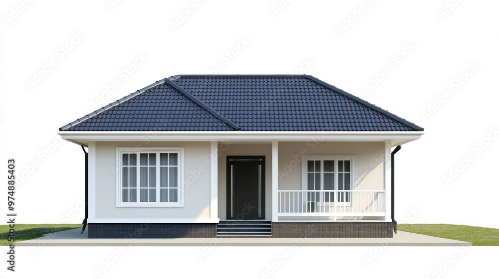 Single-story house isolate on white background, suburban style, Single-story house isolate on white background, suburban style,