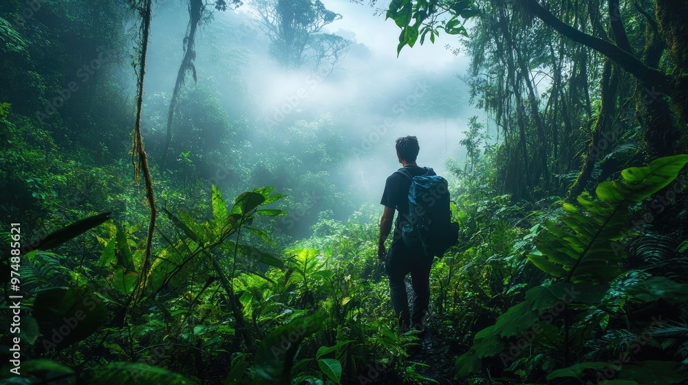 An adventurer hiking through a dense jungle with mist rising from the ground. Travel and adventure lifestyle An adventurer hiking through a dense jungle with mist rising from the ground. Travel and adventure lifestyle