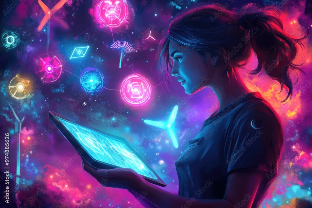 Futuristic technology: woman interacting with a digital universe on tablet Futuristic technology: woman interacting with a digital universe on tablet