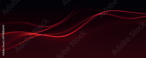 Futuristic dot wave. Abstract digital particle wave. Technology background. Colored musical wave. Dark background. Digital background with smooth, wavy curves. 3D vector illustration