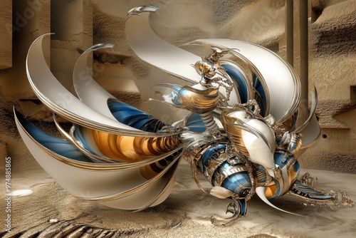 Futuristic metallic sculpture in desert landscape with abstract design elements photo