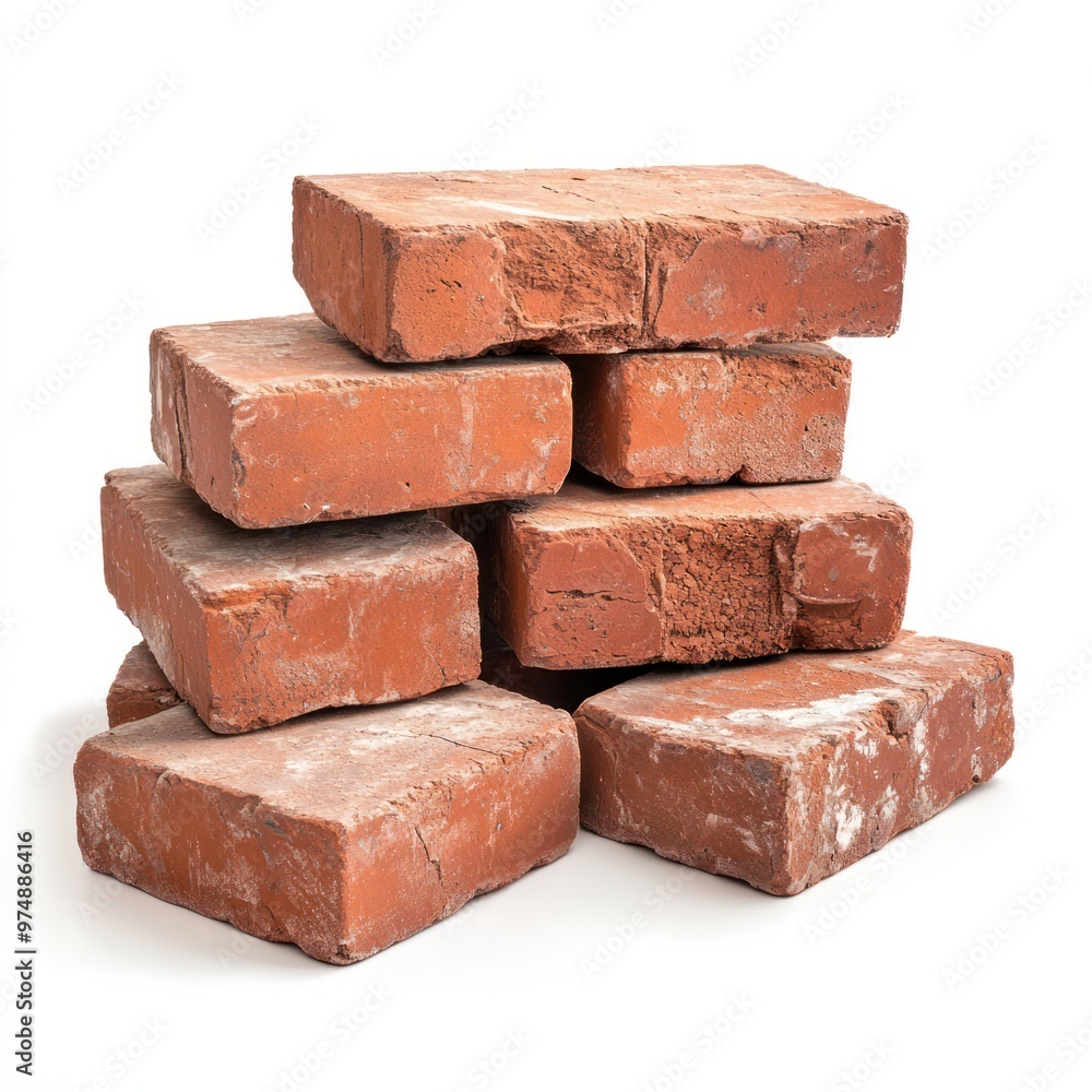 Obraz premium Stack of red bricks isolated on white background, realistic lighting
