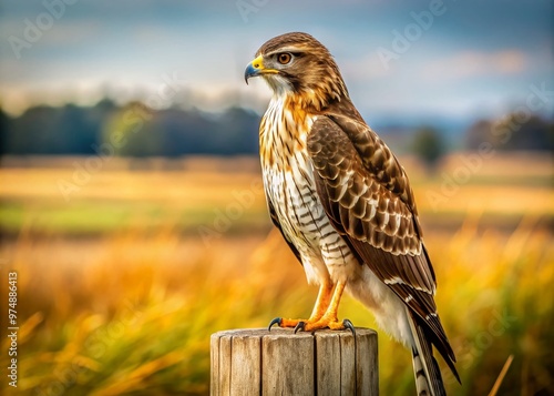 Majestic hawk perched on a rustic wooden fence post, feathers rustling in the gentle breeze, scanning the open