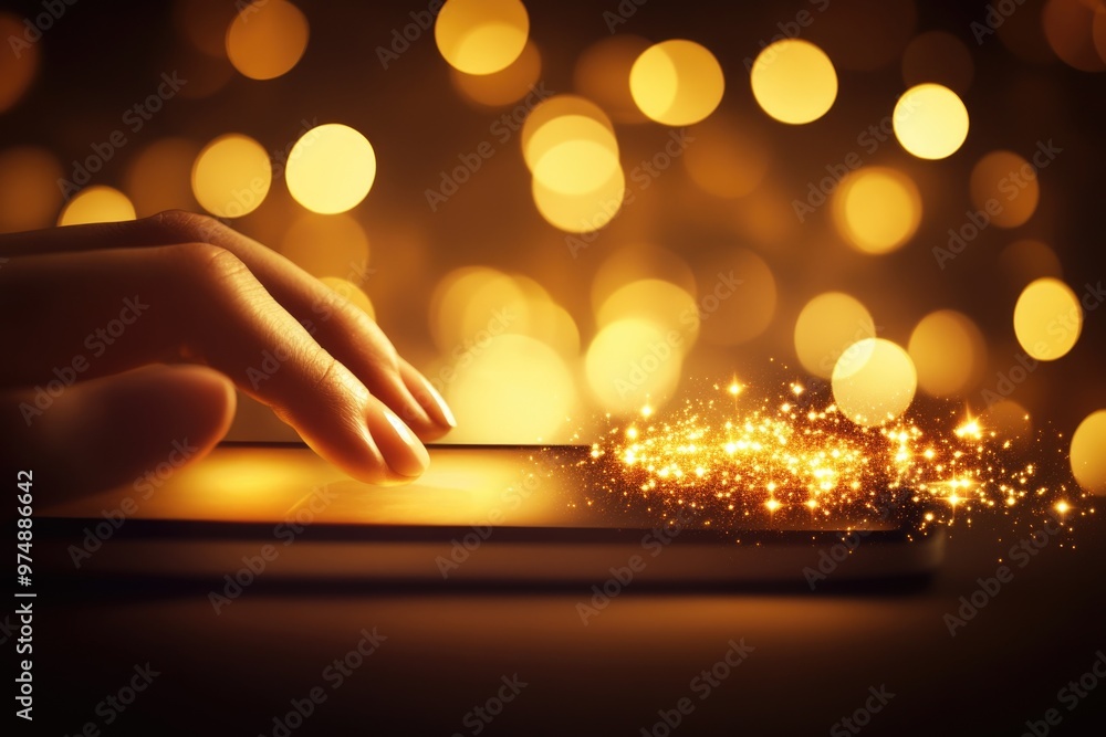 Golden bokeh magic: finger touching smartphone with sparkle effects Golden bokeh magic: finger touching smartphone with sparkle effects