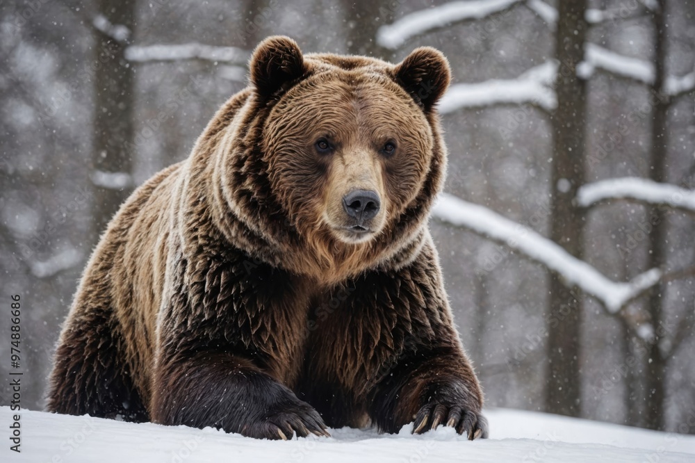 Obraz premium Grizzly bear (ursus arctos horribilis) sitting in snow in winter