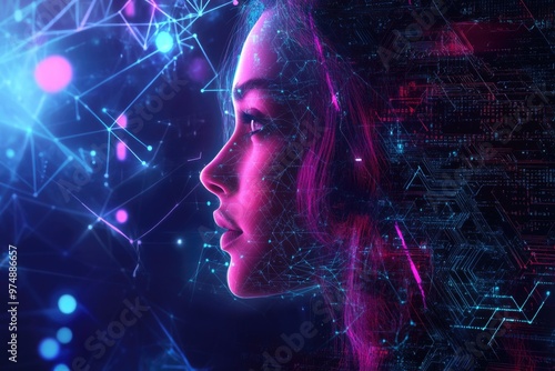 Futuristic female profile with digital neon network interface and abstract geometric patterns