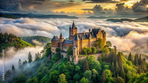 Majestic medieval castle towers rise above lush green forests, surrounded by misty clouds, with intricate stone walls photo