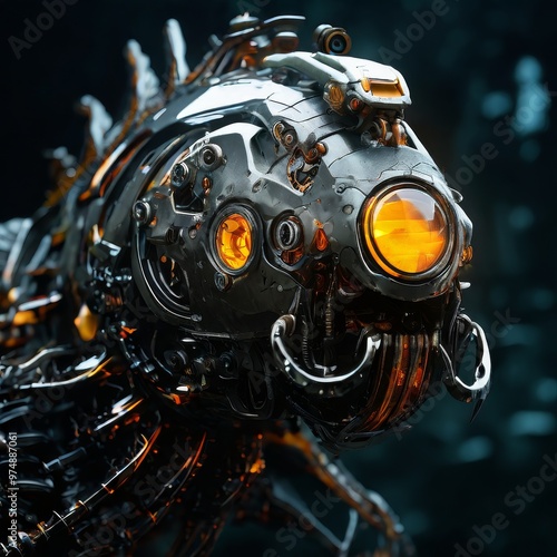 A mechanical fish with intricate metallic details and a glowing orange eye stands out in a dark, futuristic setting. The image represents a mix of nature and technology, creating a sci-fi vision of