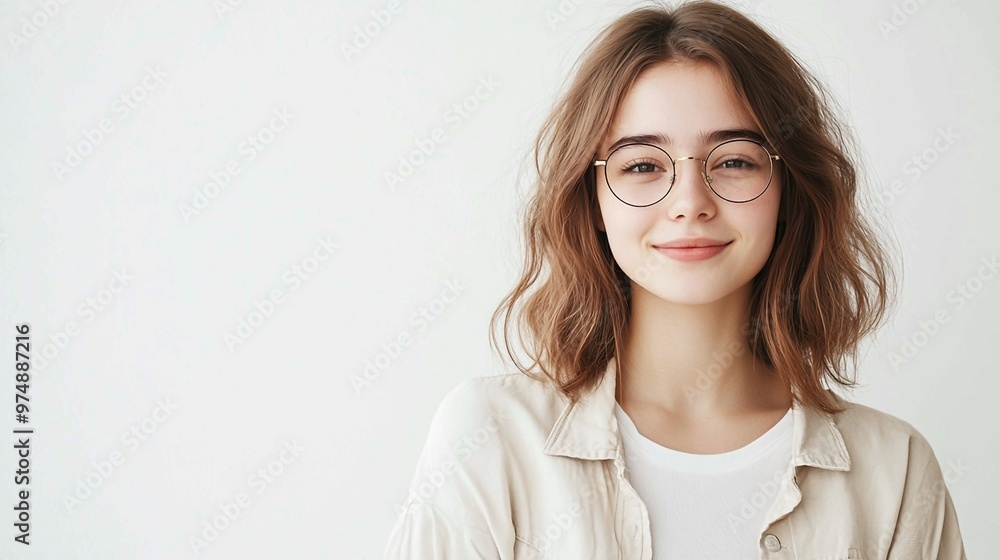 a woman with glasses and a white shirt is smiling at the camera with a white background a woman with glasses and a white shirt is smiling at the camera with a white background