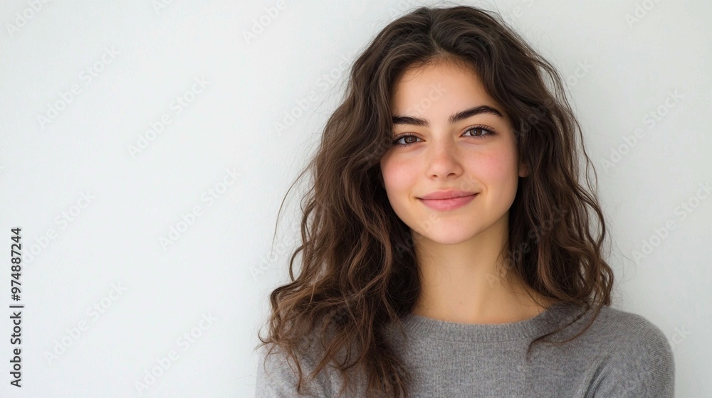 a woman with long brown hair and a gray shirt smiling at the camera with a white background a woman with long brown hair and a gray shirt smiling at the camera with a white background