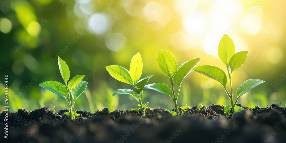 Fresh green seedlings emerging from rich soil, symbolizing growth, renewal, and the beauty of nature in sunlight. Fresh green seedlings emerging from rich soil, symbolizing growth, renewal, and the beauty of nature in sunlight.