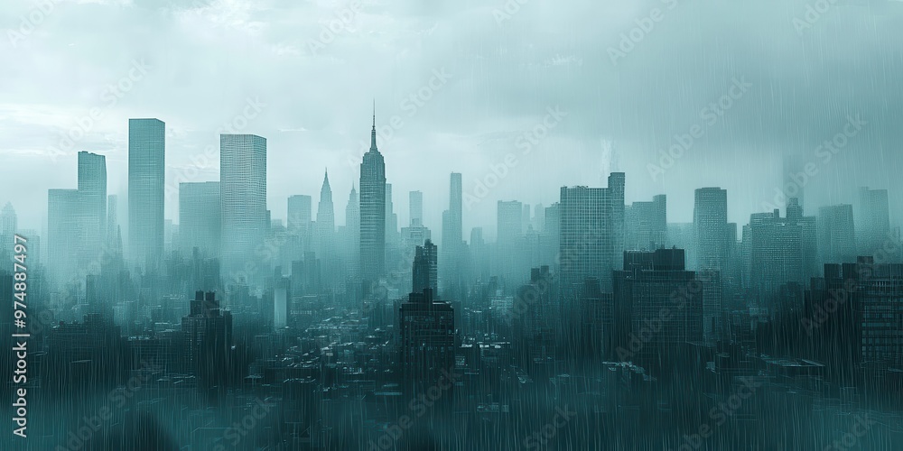Misty urban skyline with towering skyscrapers under a cloudy sky, creating an atmospheric and moody cityscape. Misty urban skyline with towering skyscrapers under a cloudy sky, creating an atmospheric and moody cityscape.