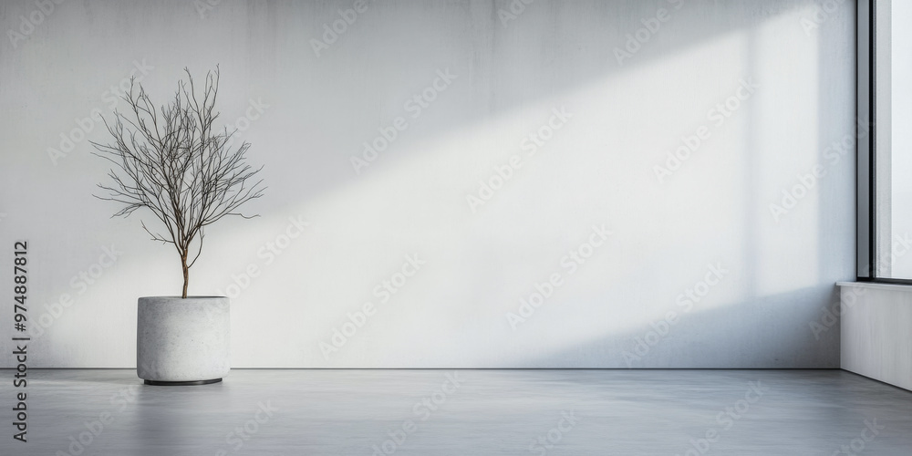 Obraz premium Minimalist room with a potted tree and natural lighting. Apartment interior design composition with ample copyspace.