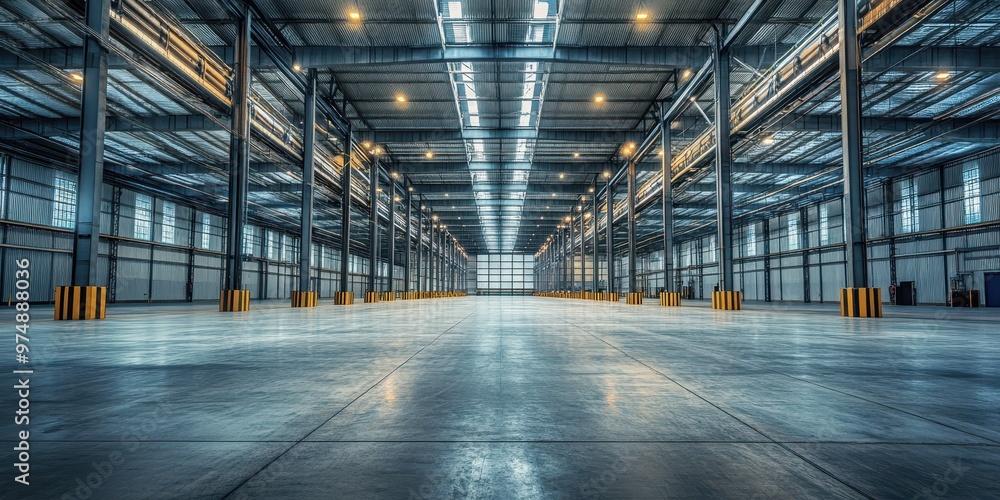Fototapeta premium Spacious industrial warehouse interior with bright lighting and polished concrete floor, ideal for storage or logistics operations.
