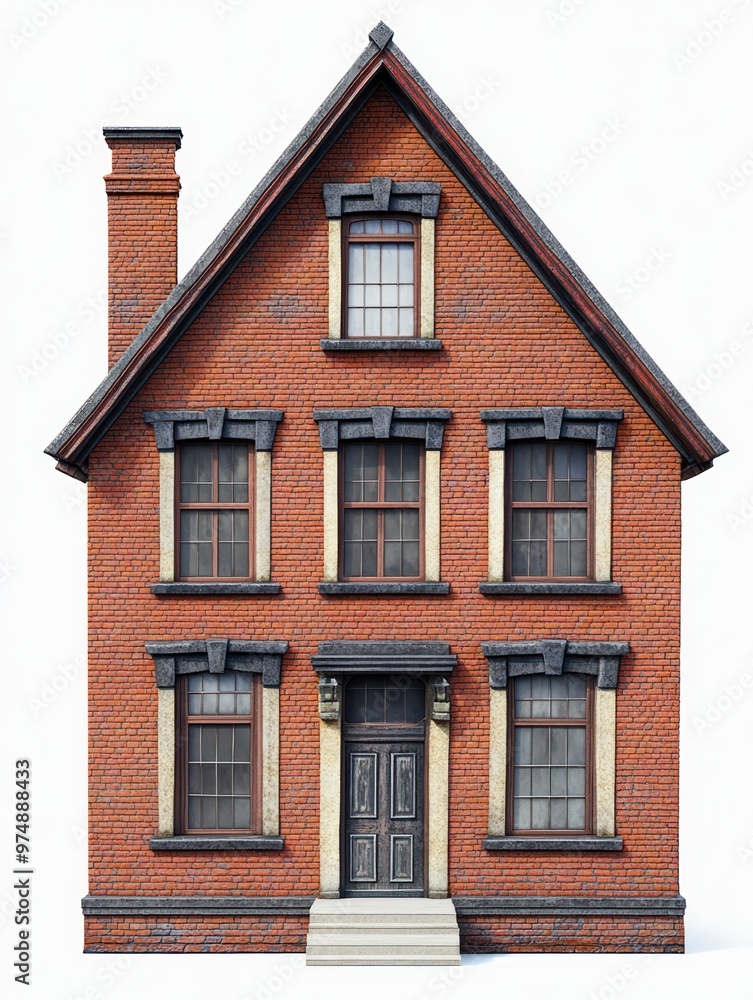 Traditional brick house isolate on white background, detailed windows, Traditional brick house isolate on white background, detailed windows,