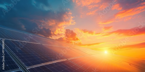 Vibrant sunset over solar panels, showcasing renewable energy and nature's beauty in a harmonious blend of technology and environment.