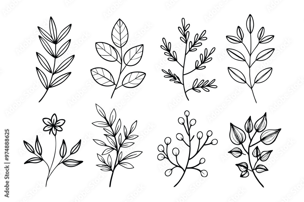 A set of wildflowers Floral branches and minimalist leaves for logos or tattoos. Hand-drawn line wedding herb, elegant wildflowers. Minimal line art drawing for print, cover, or wallpaper A set of wildflowers Floral branches and minimalist leaves for logos or tattoos. Hand-drawn line wedding herb, elegant wildflowers. Minimal line art drawing for print, cover, or wallpaper