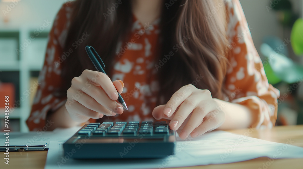 Fototapeta premium Asian woman using a calculator, concept of saving money with planning of expenses and income, created with generative AI technology