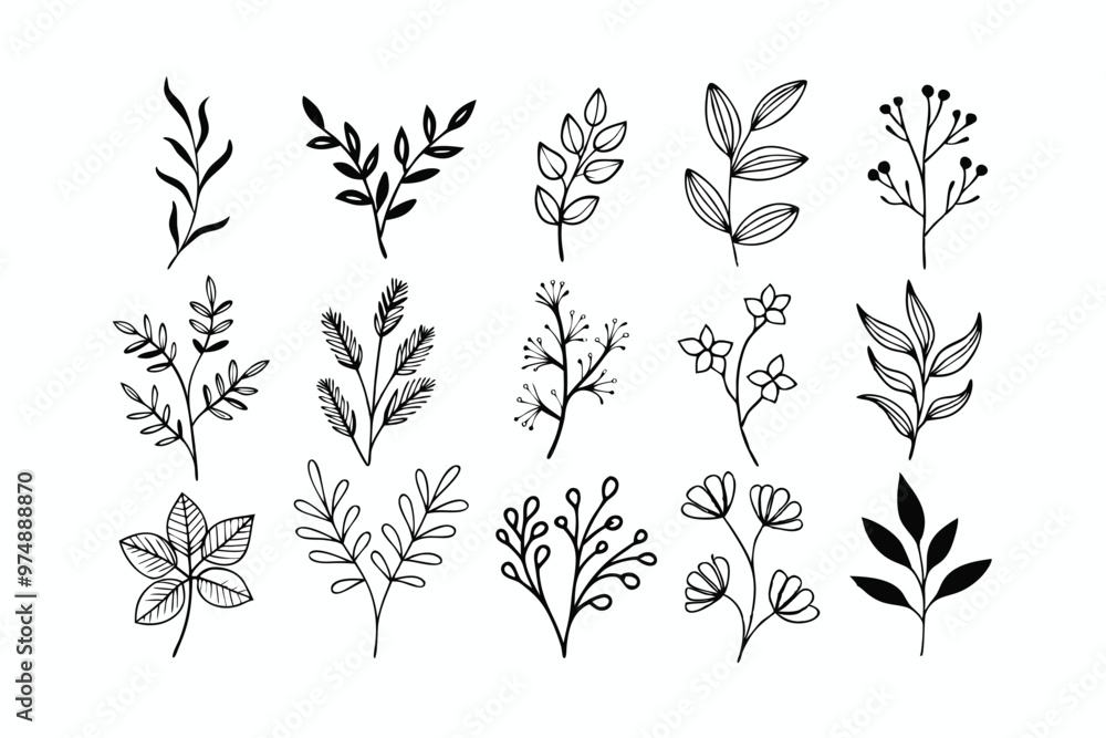 Fototapeta premium A set of wildflowers Floral branches and minimalist leaves for logos or tattoos. Hand-drawn line wedding herb, elegant wildflowers. Minimal line art drawing for print, cover, or wallpaper