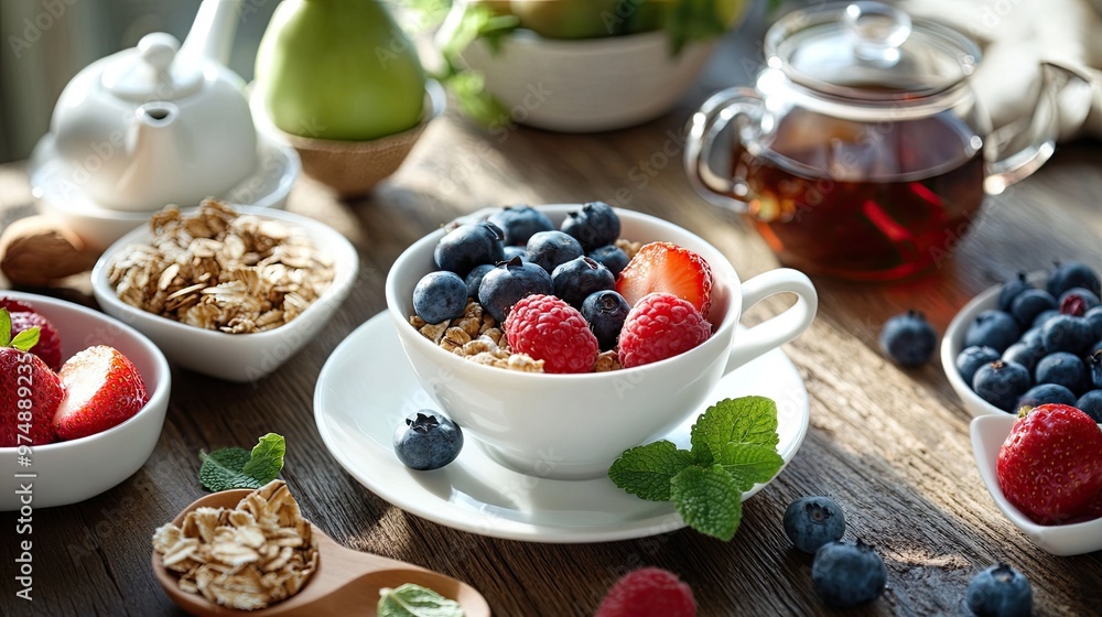 Healthy breakfast with oatmeal, fresh fruit, and a cup of tea Healthy breakfast with oatmeal, fresh fruit, and a cup of tea