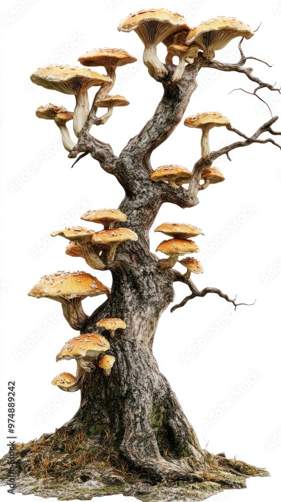 Tree with mushrooms isolate on white background, fungi growth,