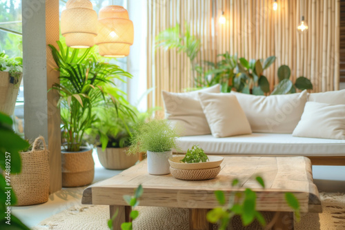 Cozy living room with a couch, flowerpots, and houseplants on a coffee table. Brightly lit interior design with a mix of modern and natural elements.