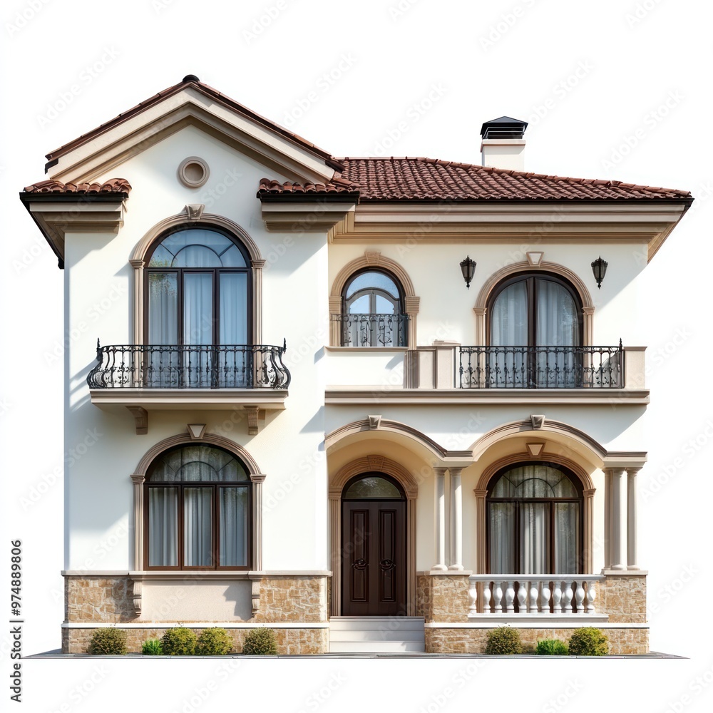 Two-story house isolate on white background, front view, Two-story house isolate on white background, front view,