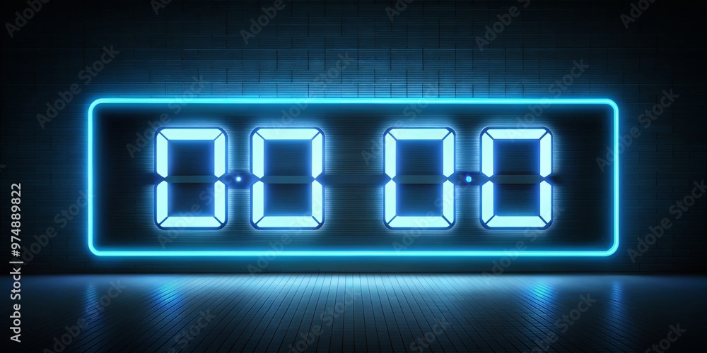 Minimalist digital clock countdown display on a dark background with neon-lit game-inspired elements, evoking a sense Minimalist digital clock countdown display on a dark background with neon-lit game-inspired elements, evoking a sense