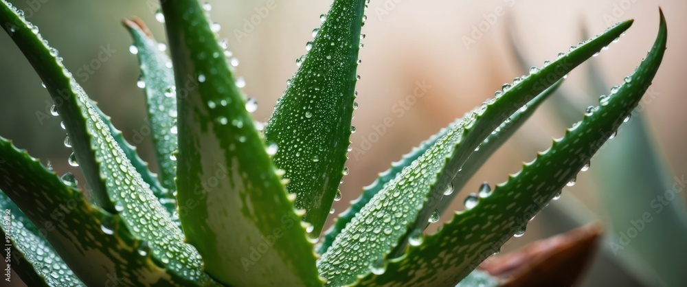 Vibrant aloe plant with dew droplets showcasing natural beauty and wellness benefits in a serene, organic setting. Vibrant aloe plant with dew droplets showcasing natural beauty and wellness benefits in a serene, organic setting.