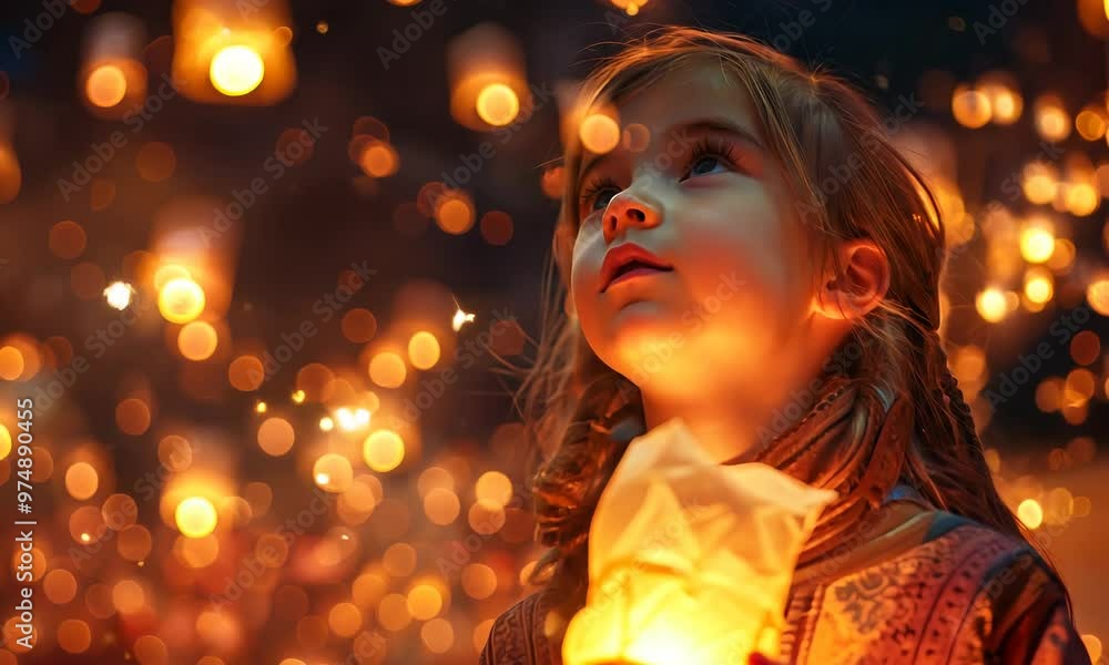 Child gazes up in wonder at glowing lanterns during a magical festival night
