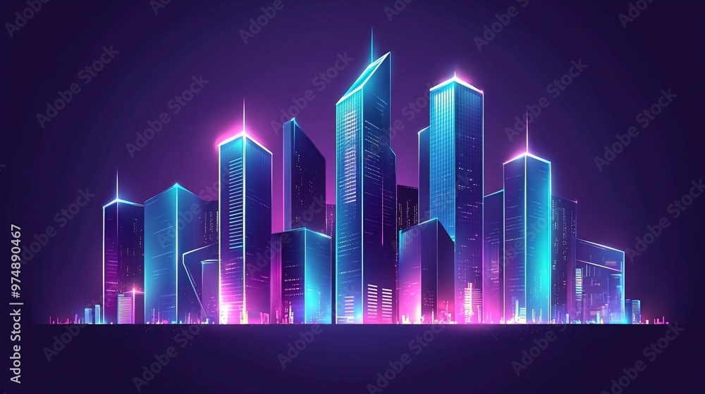 A futuristic cityscape with tall skyscrapers glowing with neon lights against a dark blue background. A futuristic cityscape with tall skyscrapers glowing with neon lights against a dark blue background.