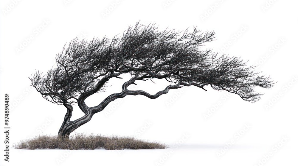 Fototapeta premium Windswept tree isolate on white background, unique shape,