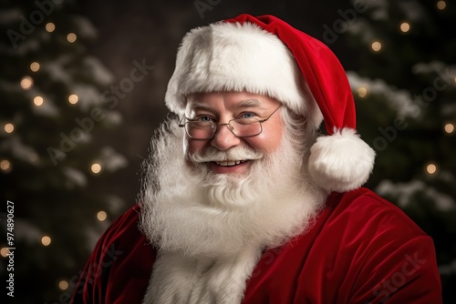 Portrait of smiling Santa Claus looking at camera against christmas background