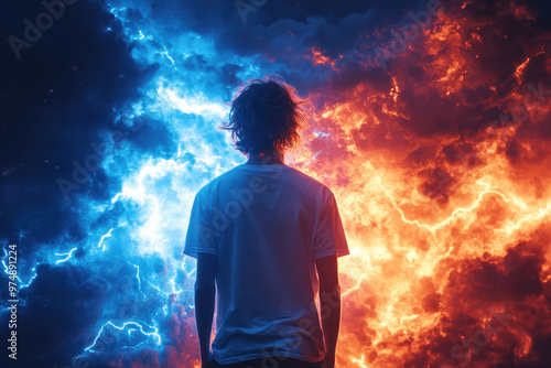 A person gazes in awe at vibrant blue and orange flames dancing against a dark backdrop, creating a striking contrast