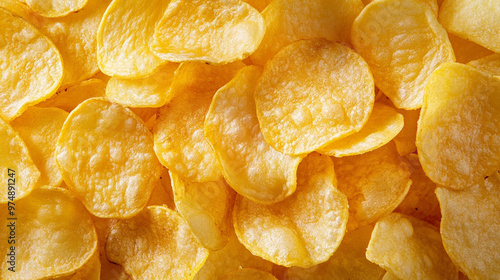 potato chips arranged in a satisfying texture, offering a close-up view of their crunchy, golden surface. Perfect for themes of indulgence and snack pleasure