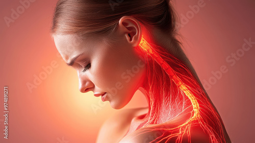 Woman showing highlighted neck anatomy with visible neural pathways and red glow on skin against a soft background