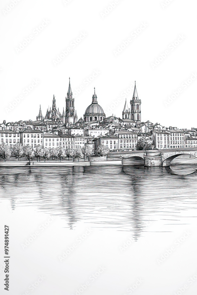 Obraz premium Toulouse, France, black and white pen pencil hand-drawn effect portrait drawing illustration for travel poster, card, wallpaper, backdrop or banner. Modern, clear, artistic and simple