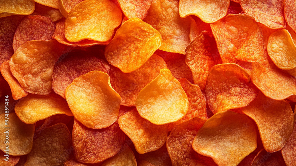 potato chips arranged in a satisfying texture, offering a close-up view of their crunchy, golden surface. Perfect for themes of indulgence and snack pleasure potato chips arranged in a satisfying texture, offering a close-up view of their crunchy, golden surface. Perfect for themes of indulgence and snack pleasure