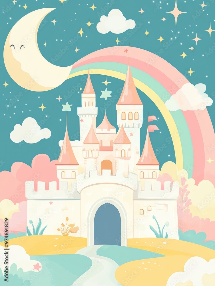 Horizontal 2D cartoon background featuring a unicorn castle amidst a field clouds stars and a rainbow A whimsical scene with a palace towers and a moon for a fairytale themed design Horizontal 2D cartoon background featuring a unicorn castle amidst a field clouds stars and a rainbow A whimsical scene with a palace towers and a moon for a fairytale themed design