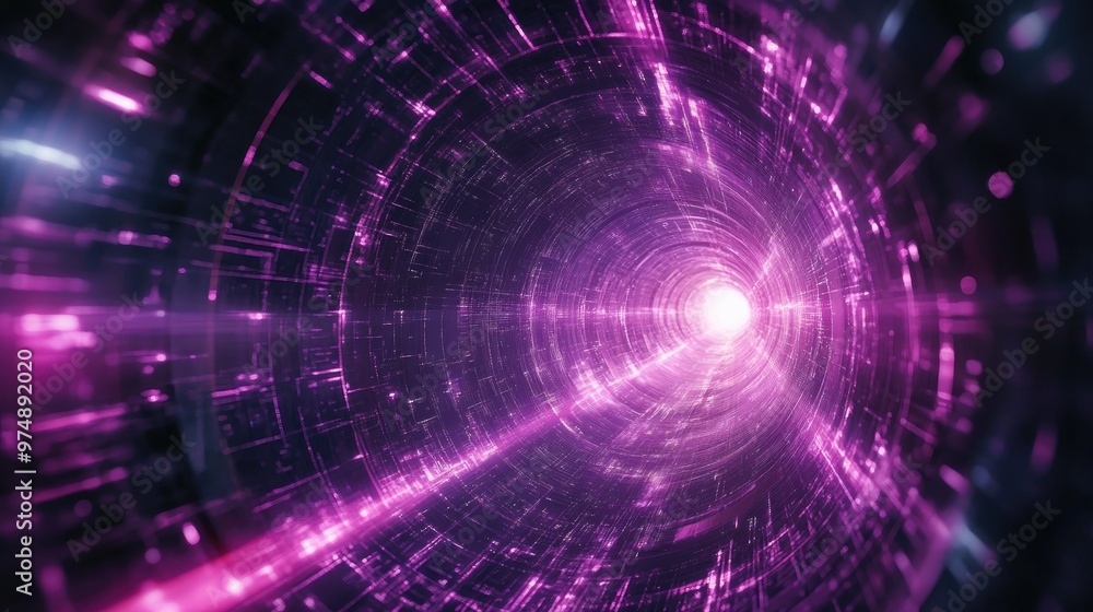 Obraz premium Futuristic digital tunnel frame featuring magical purple energy lines and a high tech force field Abstract design concept