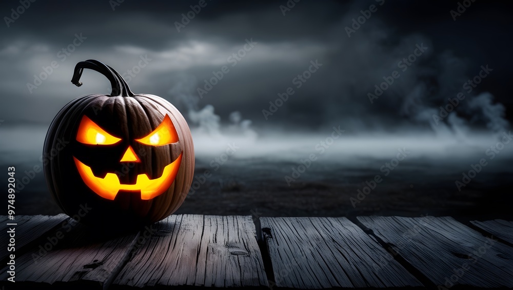 Jack o lantern on dark eerie background. minimal halloween banner, background with copy space Jack o lantern on dark eerie background. minimal halloween banner, background with copy space