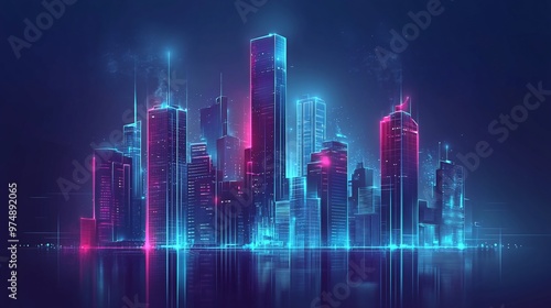 Wallpaper Mural A futuristic cityscape glowing with neon lights reflects on a calm body of water. Torontodigital.ca