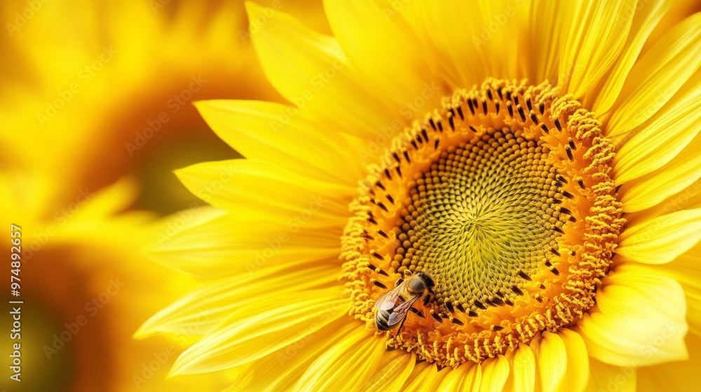 Close-up of yellow sunflowers with bees, detailed macro, Close-up of yellow sunflowers with bees, detailed macro,
