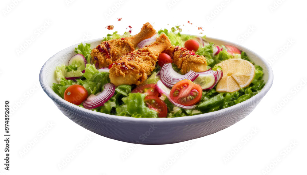 Fresh Salad with Chicken Tikka Boti and Vegetables on White Background Fresh Salad with Chicken Tikka Boti and Vegetables on White Background