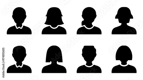 Male and female head silhouettes avatar set. Vector illustration black person portrait head. Anonymous face profile and group icon isolated on white background
