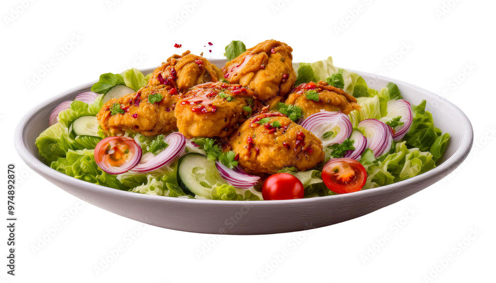 Fresh Salad with Chicken Tikka Boti and Vegetables on White Background Fresh Salad with Chicken Tikka Boti and Vegetables on White Background