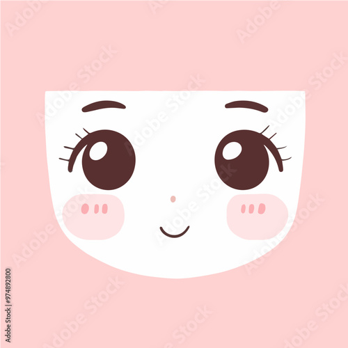 Sweet kawaii face illustration with large eyes and rosy cheeks, perfect for branding or kids' projects. Minimalist and playful design.